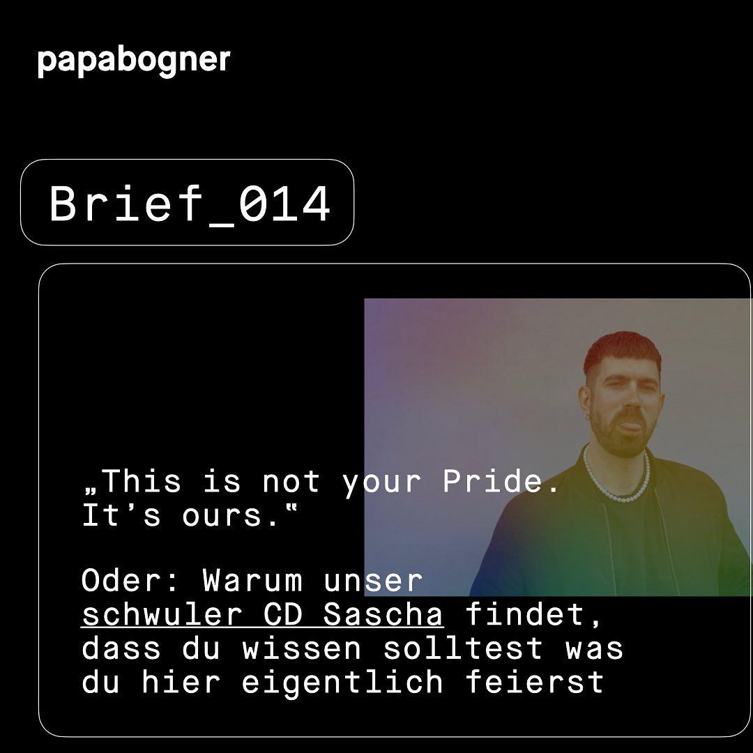Dieser #pabobrief kommt genau genommen nicht von uns als Agentur, sondern von unserem Creative Director @89sht . Er will Pride wieder für sich und seine LGBTQIA+ Community beanspruchen und ruft trotzdem zu ganzjährigem Support auf. Ein Widerspruch? Finden wir nicht.
